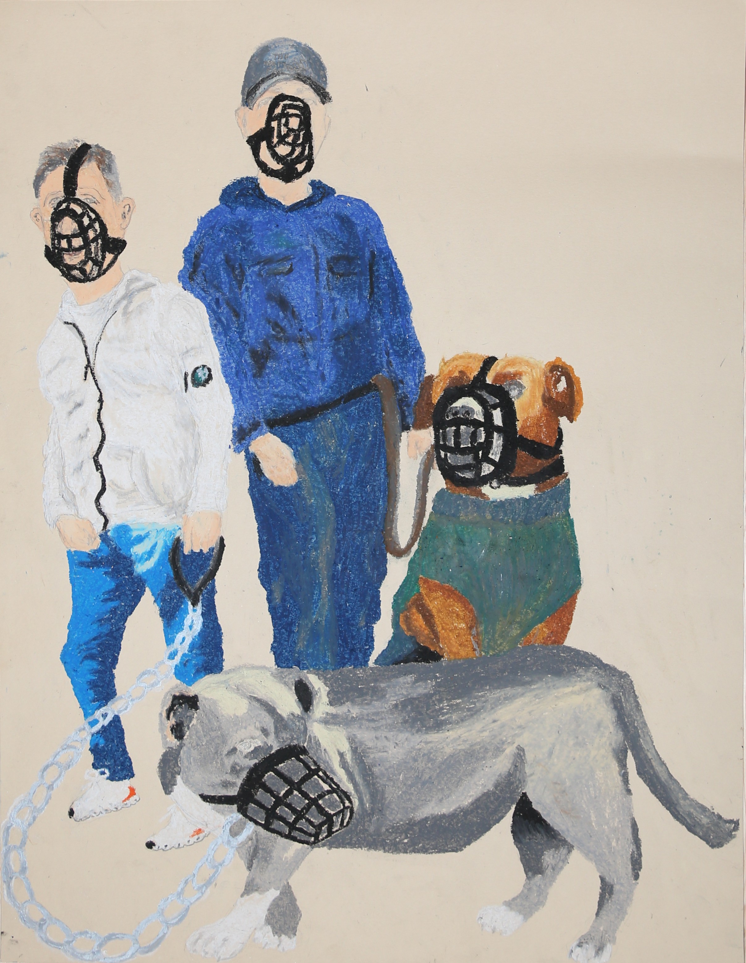 oil pastel drawing of guys wearing muzzles with their XL bullys
