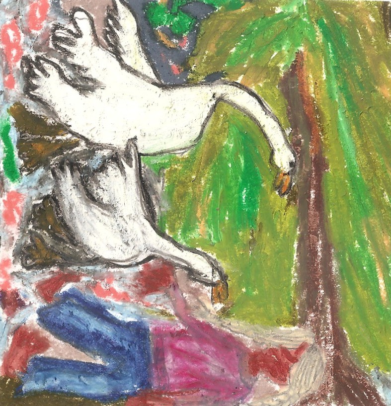 oil pastel drawing of swans and girl
