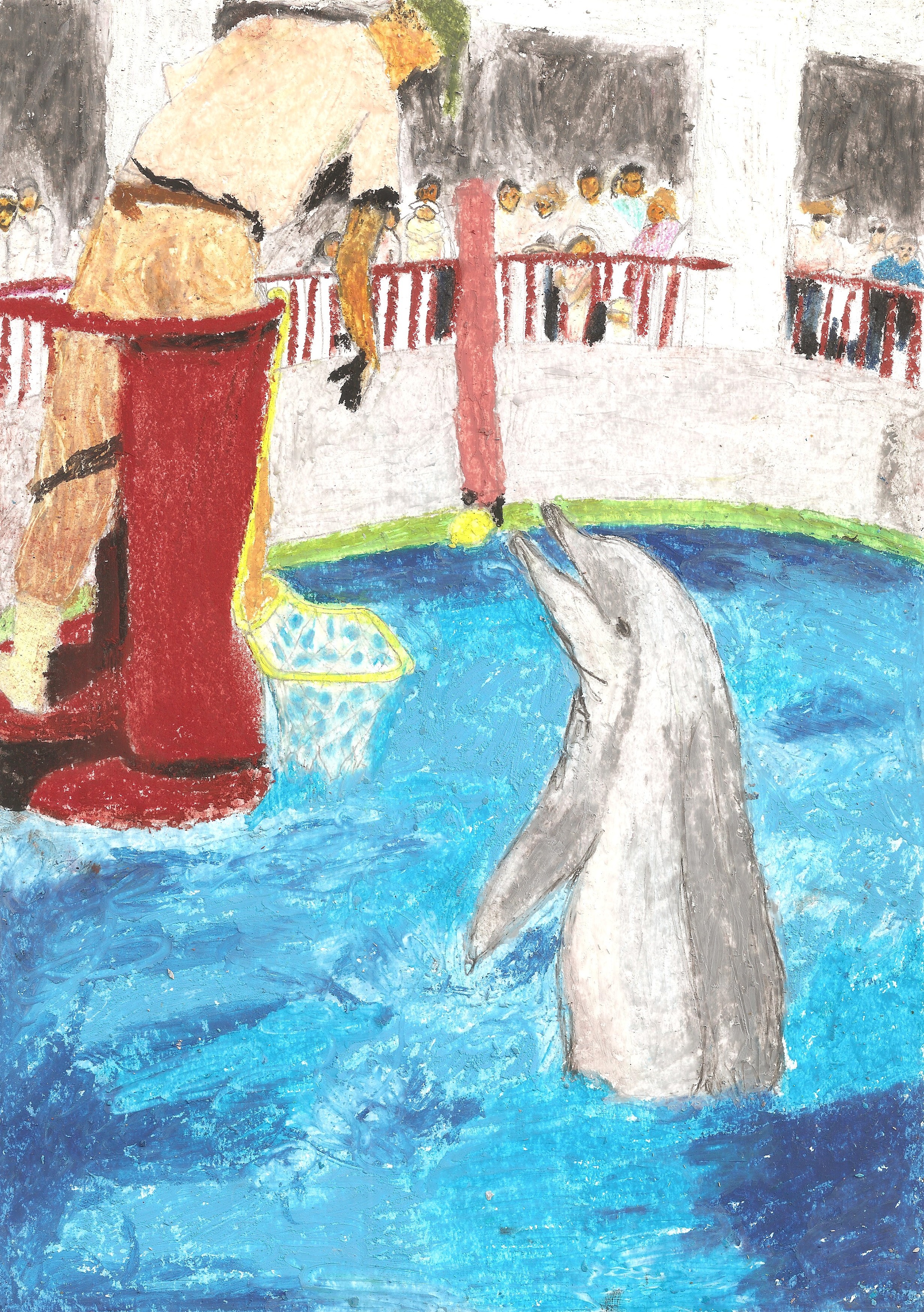 oil pastel drawing of a japanese dolphin show
