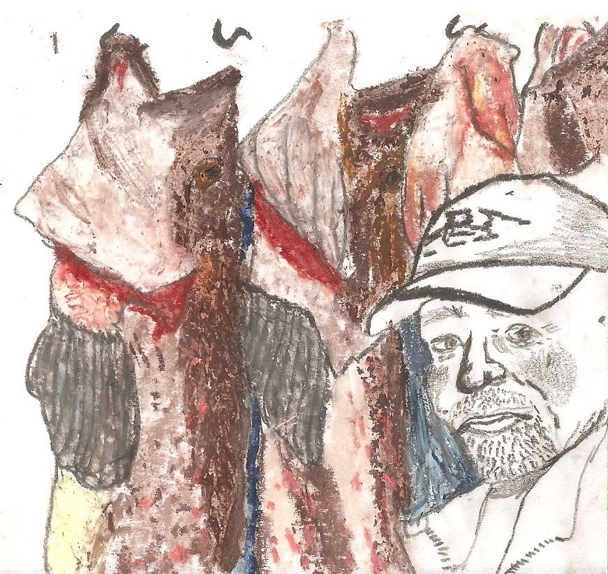 oil pastel drawing of a man with fish hanging behind him