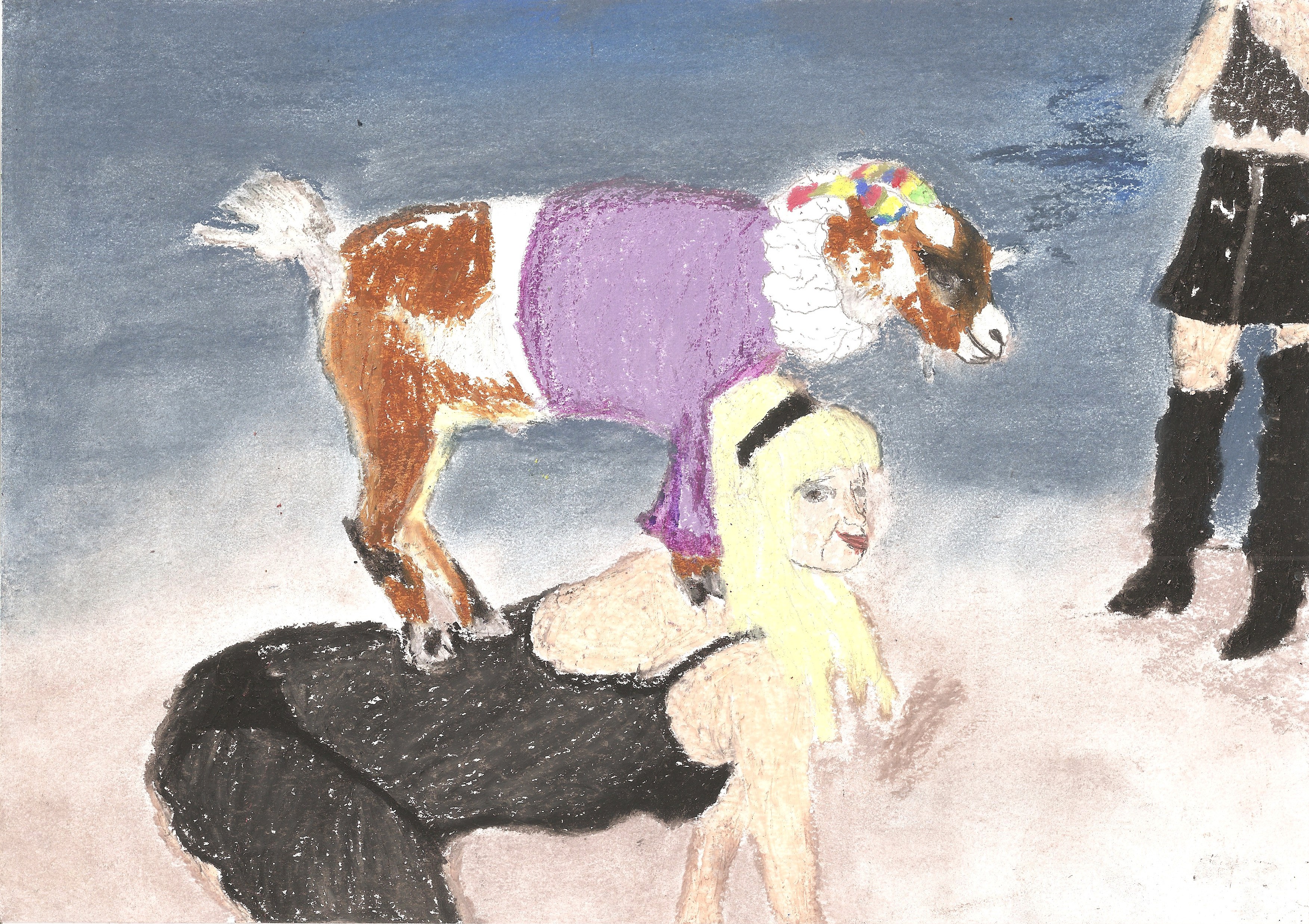 oil pastel drawing of a woman at a party with LA party goat on her back